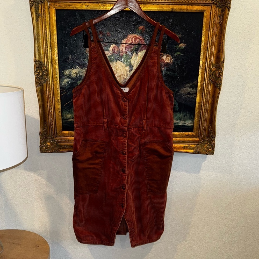 OAT New York Brown / Orange Soft Corduroy Button Down Mini Tank Dress Pockets XL - Picture 3 of 8